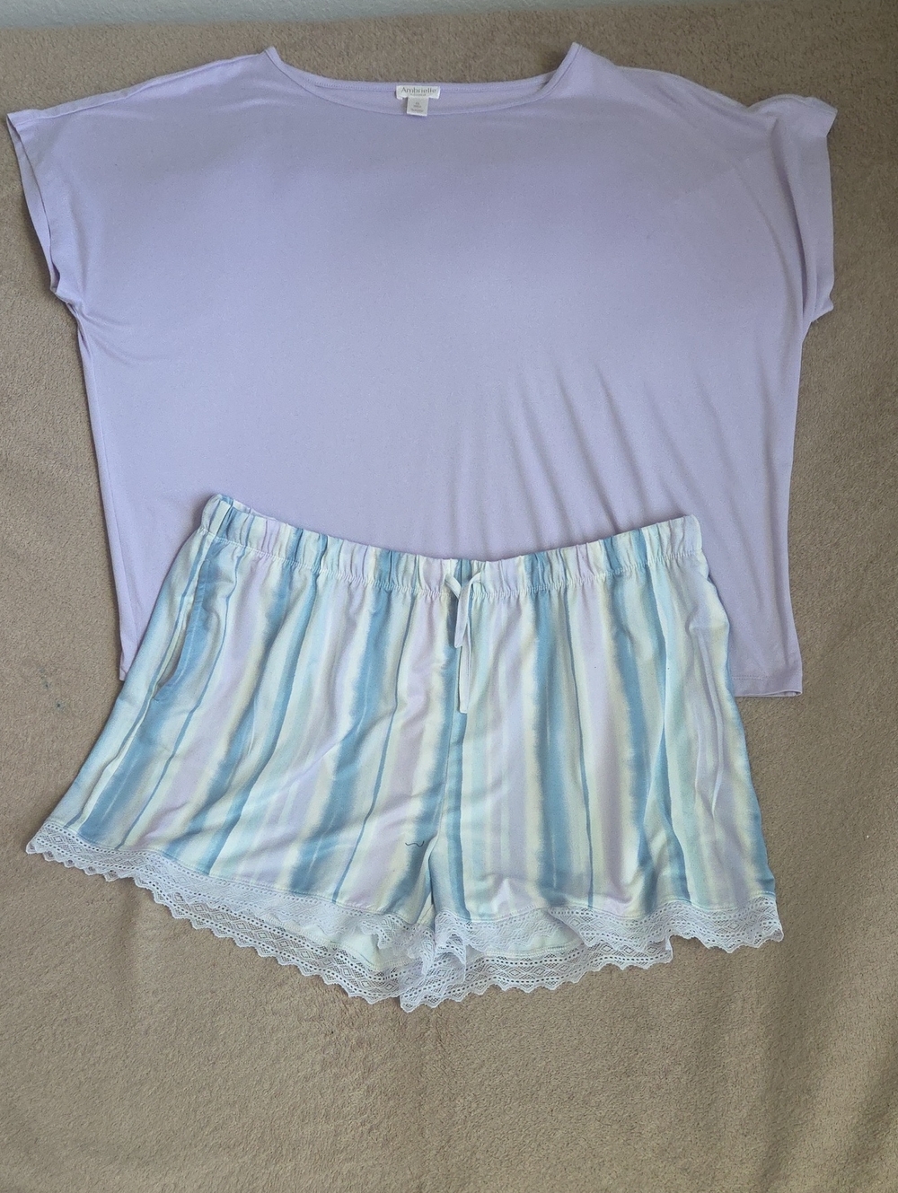 Ambrielle Lavender Short Sleeve Top with Pastel Stripe Lace-Trim Shorts